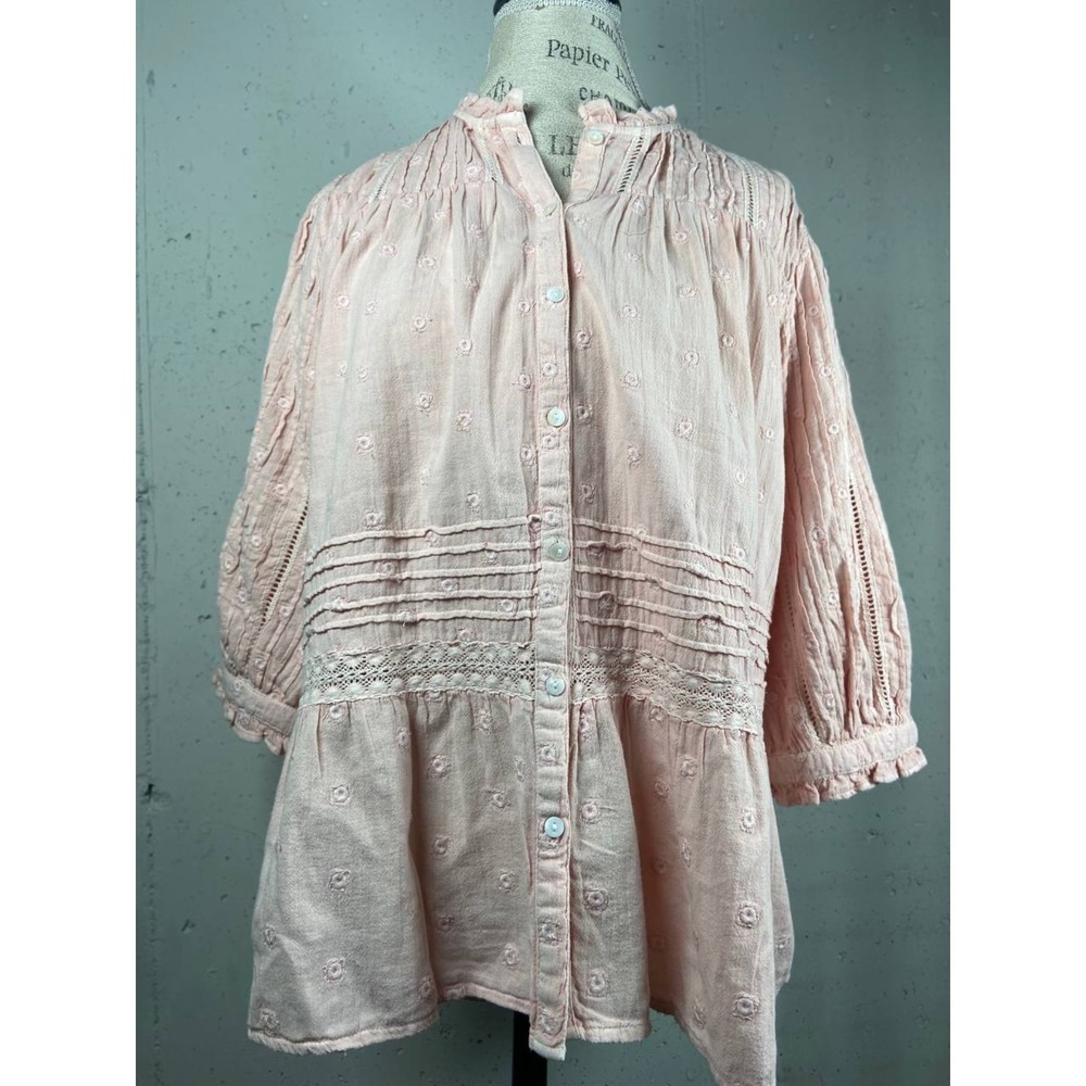 Sundance Pale Pink Embroidered Cotton Peplum Button-Front Blouse